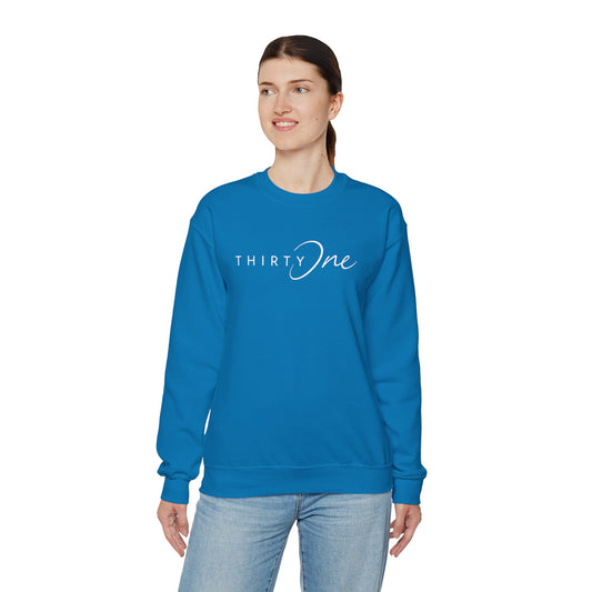 WHITE Logo on Blue crew Sweatshirt