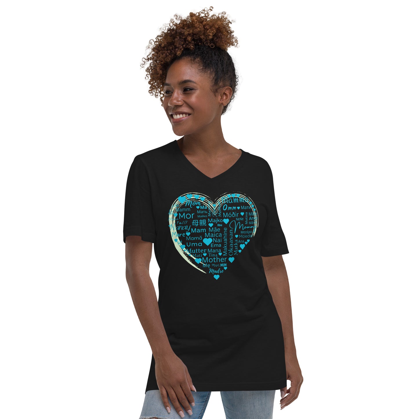 Mom Heart Short Sleeve V-Neck - Blue Green