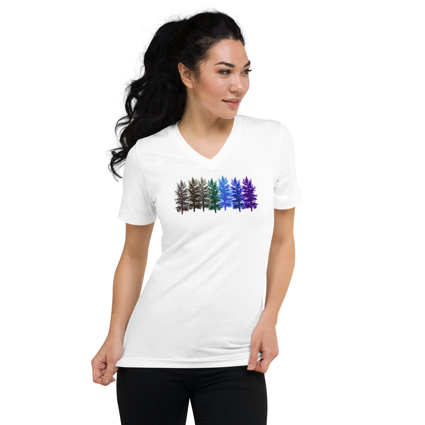 Outdoorsy Pine Tree Graphic V-Neck Tee (White and Black)