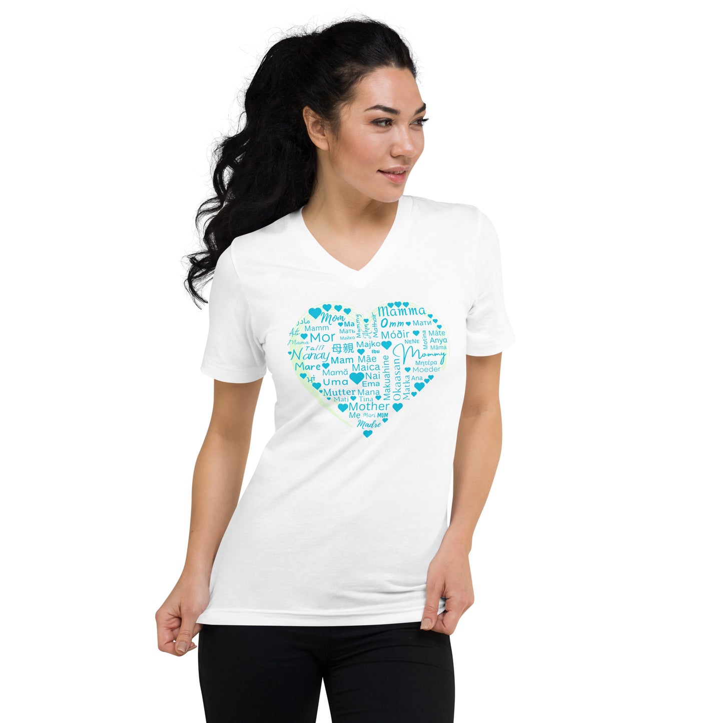 Mom Heart Short Sleeve V-Neck - Blue Green