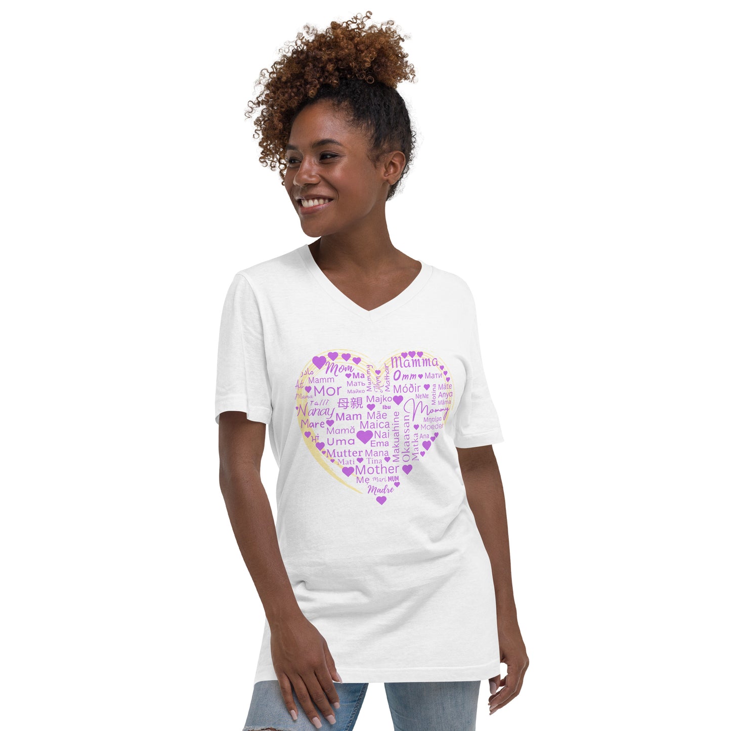 Mom Heart Short Sleeve V-Neck - Purple Yellow