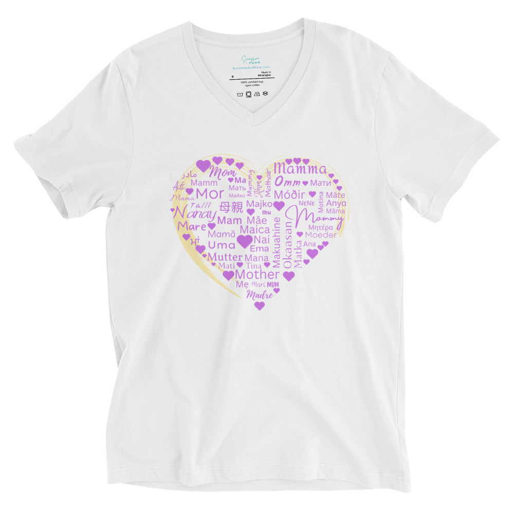 Mom Heart Short Sleeve V-Neck - Purple Yellow