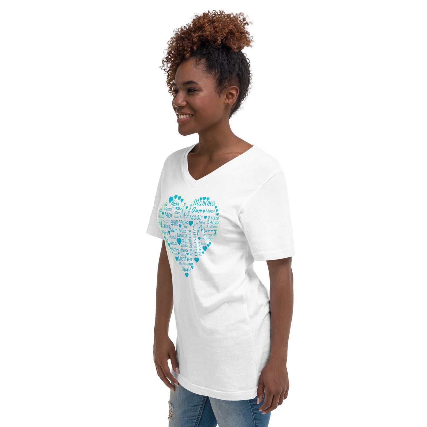 Mom Heart Short Sleeve V-Neck - Blue Green